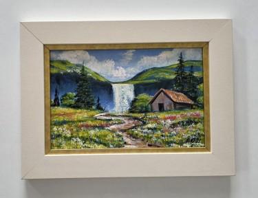 Oil on hardboard - House by the waterfall