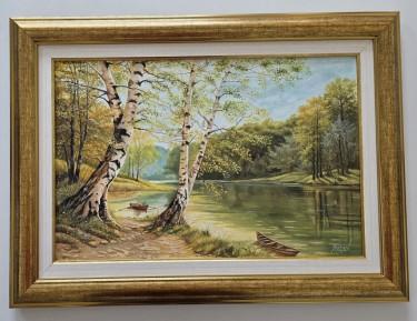 Oil on canvas - Two birches and two boats, beautiful