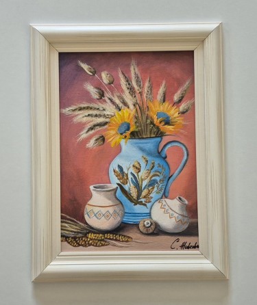 Oil on canvas - Blue jug with flowers, beautiful