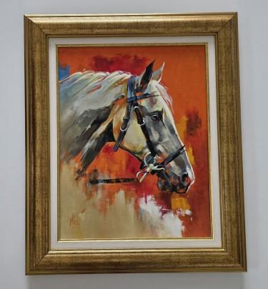 Oil on canvas - Portrait of a white horse, beautiful