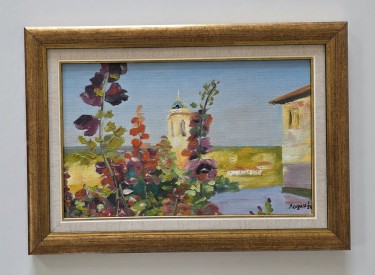 Oil on masonite - Church in flowers, a beautiful painting, Painting Dusko Dule