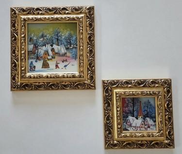 Naive art, oil on glass - Winter - 2 paintings