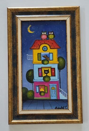 Oil on canvas - Owls on Guard, beautiful