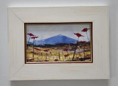 Oil on canvas - Red poppies under a blue hill
