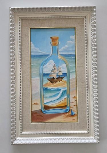 Oil on canvas - Ship in a bottle, beautiful painting