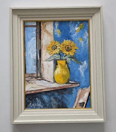 Oil on canvas - Two sunflowers at the window