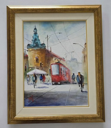 Ulje na platnu - Tramvaj u Beogradu, prelepo, Slika Dusko Dule