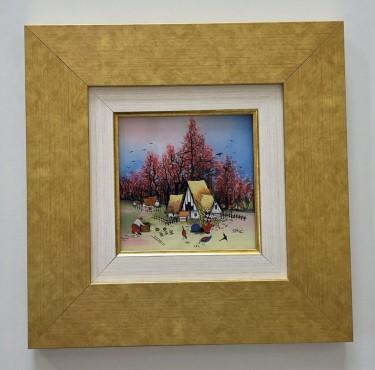 Naive art, oil on glass - Morning in the hamlet
