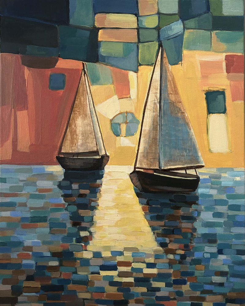 Sailboats at dusk, Painting Magdalena Nikolic