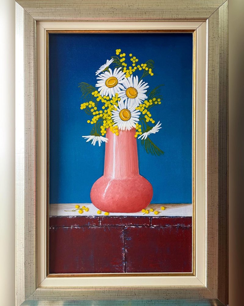 vase with white daisies, Painting Marin Kushinski
