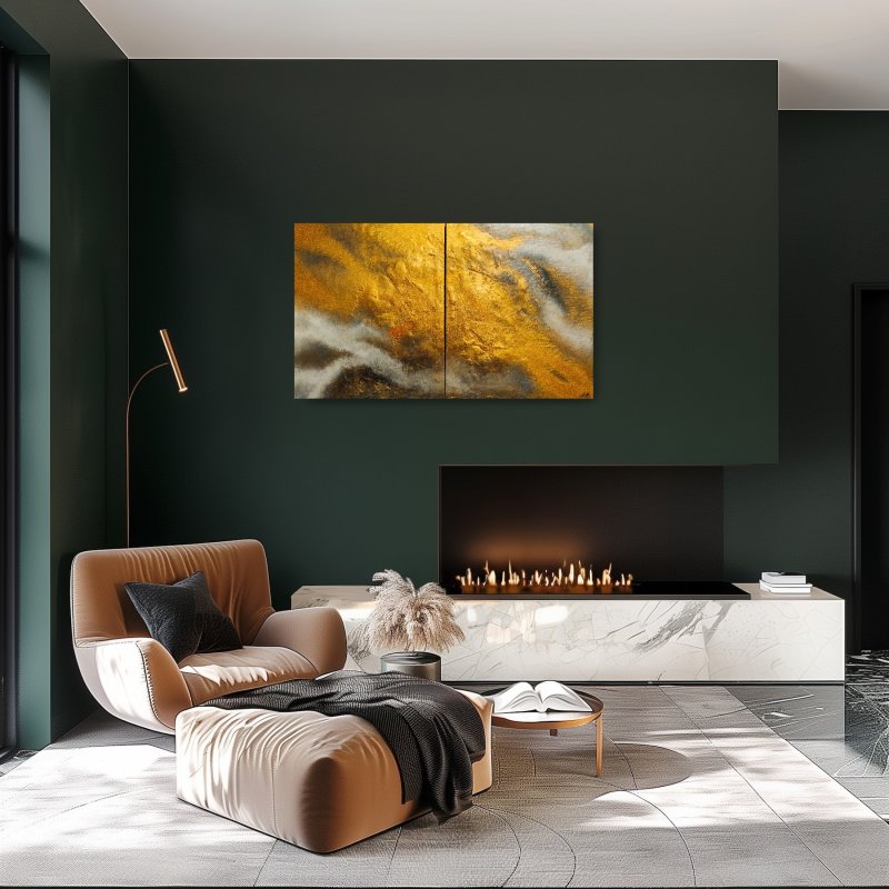 Diptih zlatna nebula, Slika Modern Art Studio Modro i Zeleno