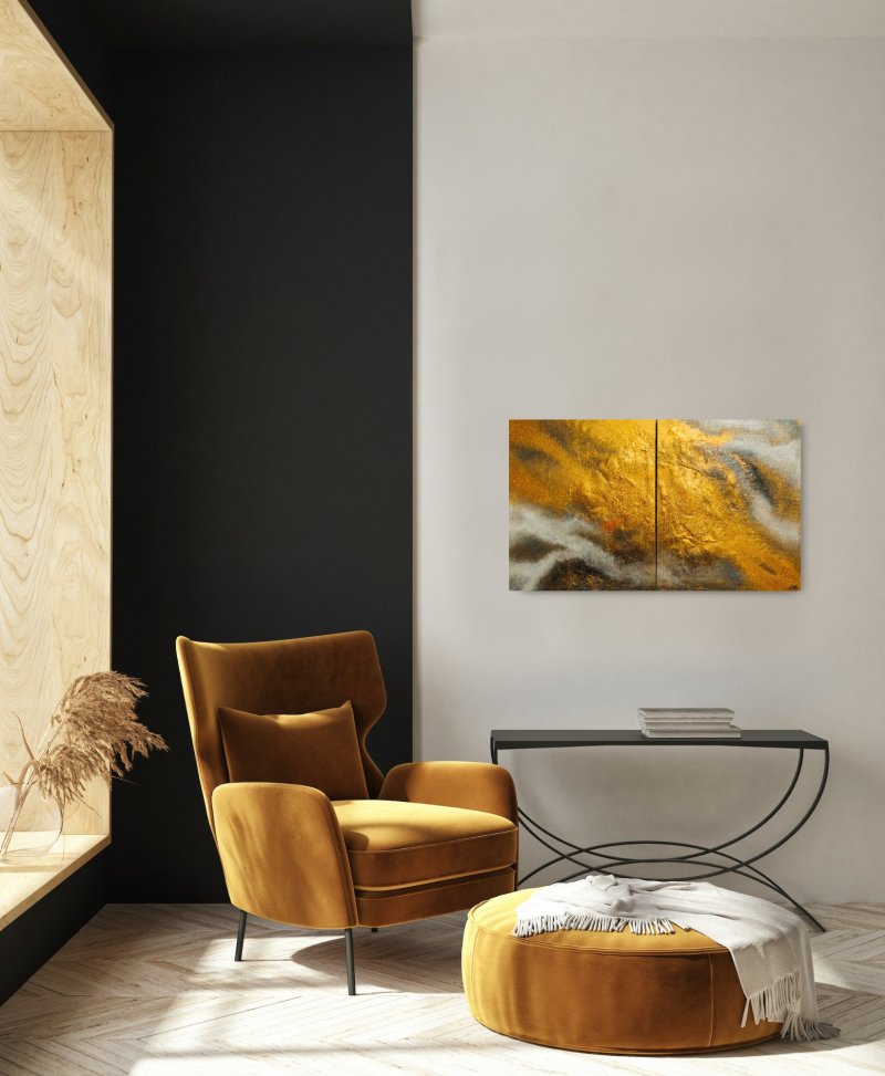Diptih zlatna nebula, Slika Modern Art Studio Modro i Zeleno