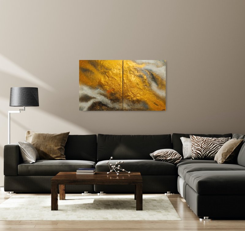 Diptih zlatna nebula, Slika Modern Art Studio Modro i Zeleno