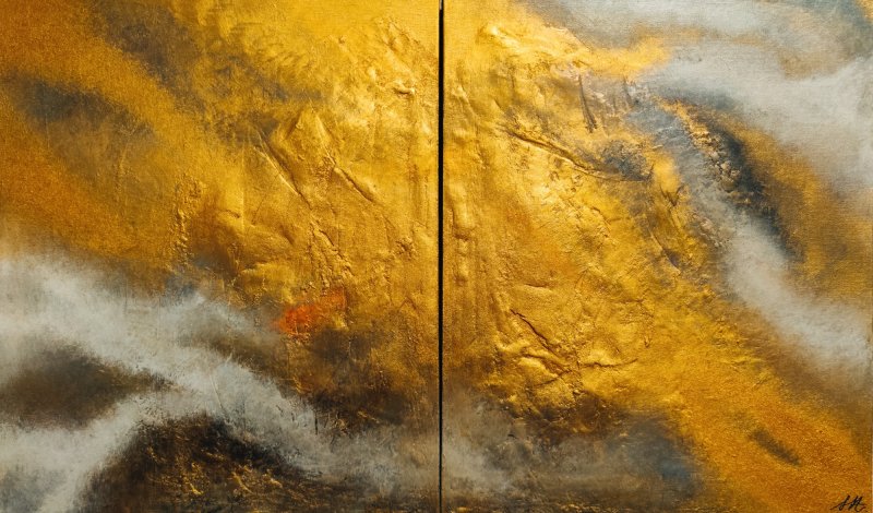 Diptih zlatna nebula, Slika Modern Art Studio Modro i Zeleno
