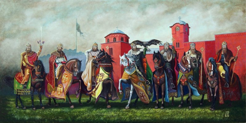 SEVEN SERBIAN KINGS CROWNED IN  MONASTERY ZICA, Painting Dragan Raskov Milosevic