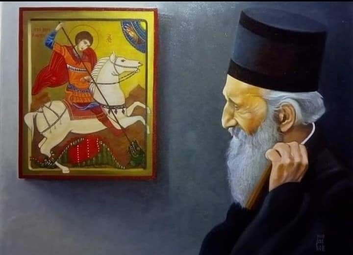 Patriarch Paul prays to Saint George, Painting Dragan Raskov Milosevic