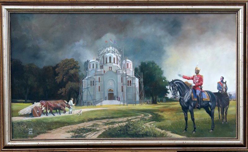 King Peter and King Alexander in front of Oplenac, Painting Dragan Raskov Milosevic