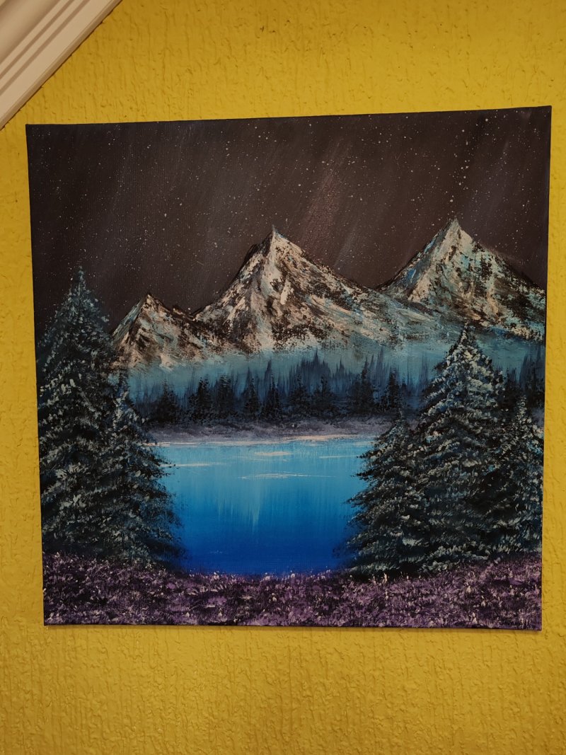 Mountain landscape on a winter night, Painting Jovana Usljebrka