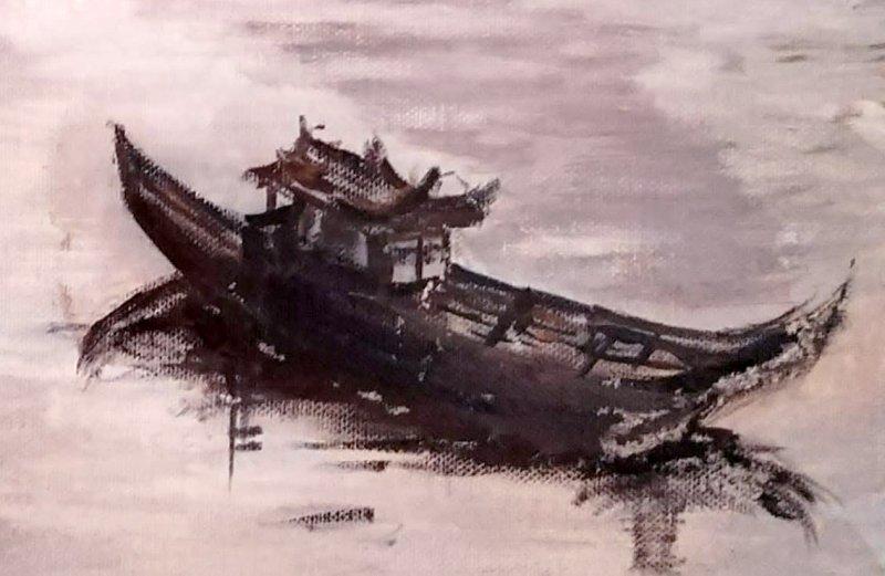 Boat on the River under Misty Mountains, Painting Dejan Simic