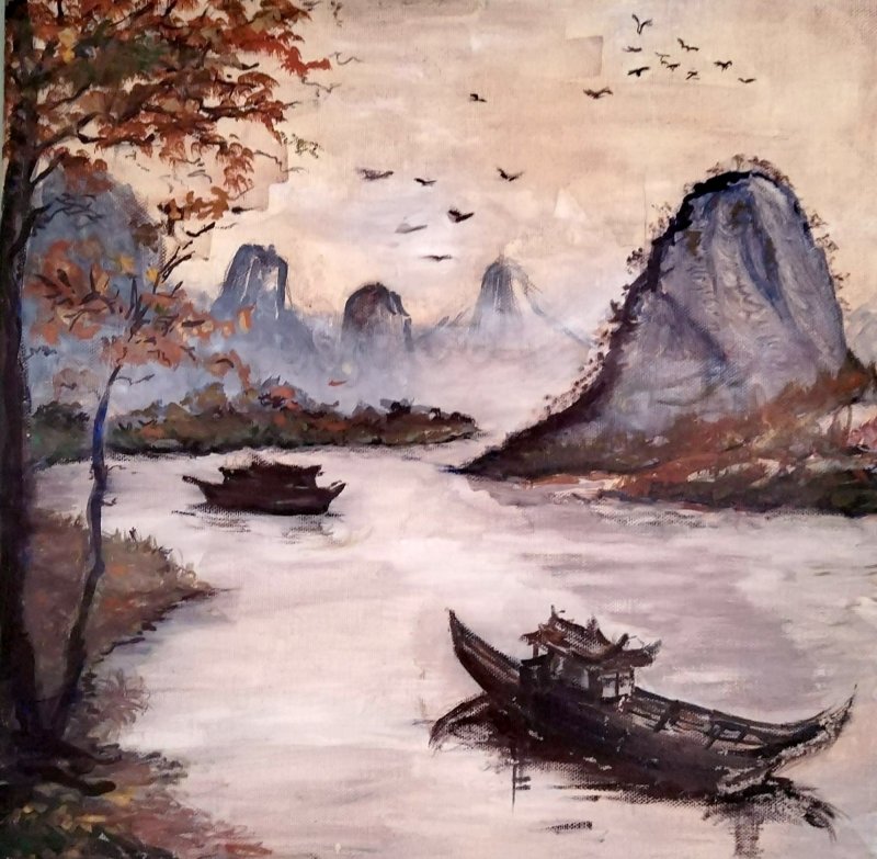 Boat on the River under Misty Mountains, Painting Dejan Simic