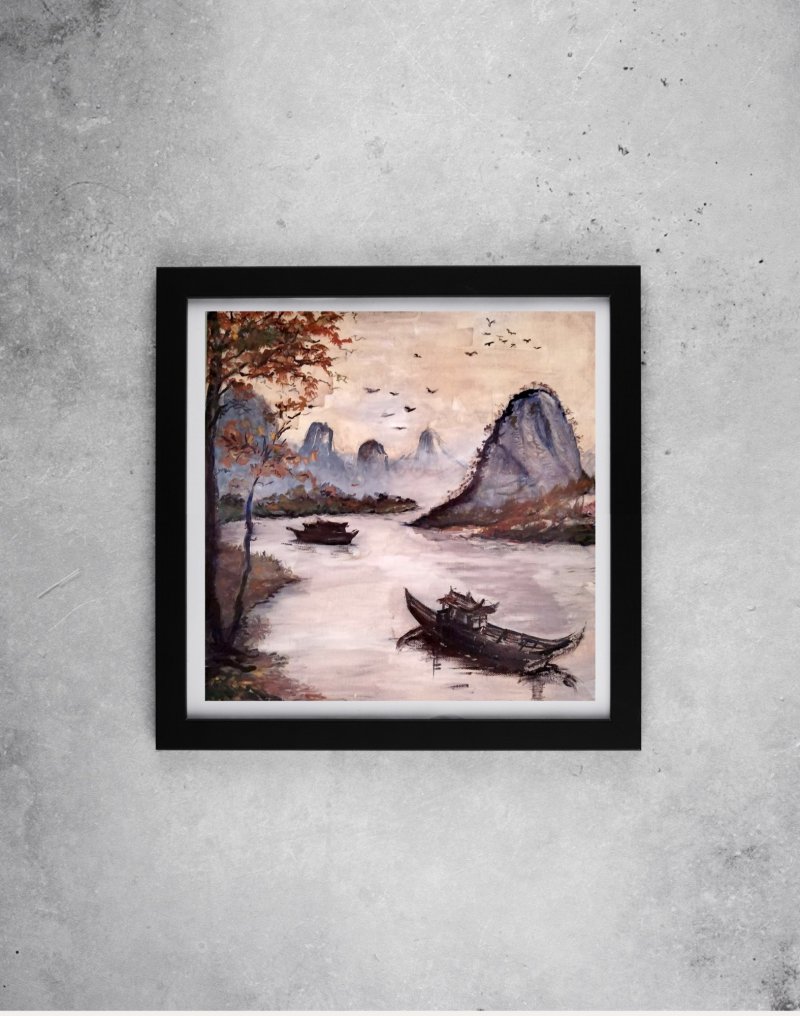Boat on the River under Misty Mountains, Painting Dejan Simic