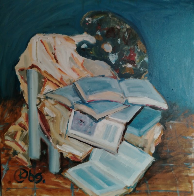Books and a painters palette, Painting Katarina Adamović