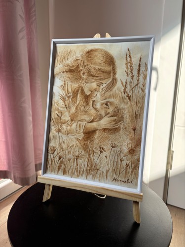 Coffee Painting, Girl with a dog, Painting Jelena Malešević