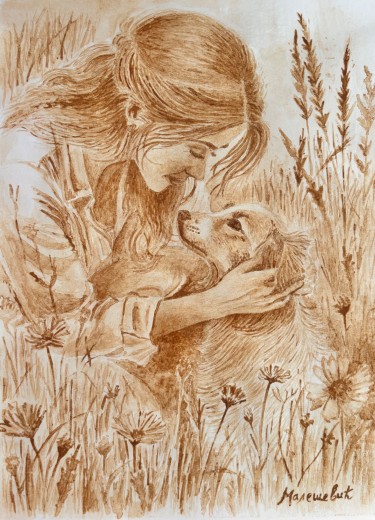 Coffee Painting, Girl with a dog, Painting Jelena Malešević