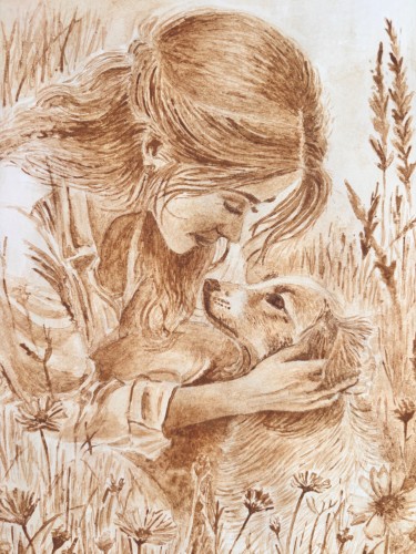 Coffee Painting, Girl with a dog, Painting Jelena Malešević