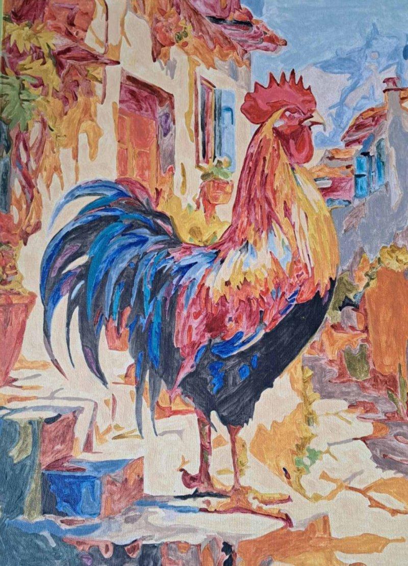 Rooster on the staircase, Painting Vera Mišić