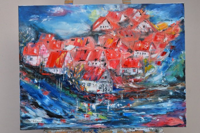 Village on the hill, Painting Stankovic Dragoslava Dragica