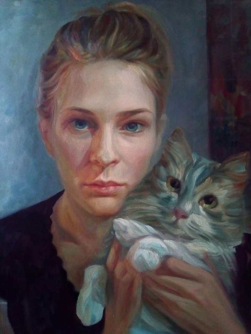 Girl with cat, Painting Knezevic Marija