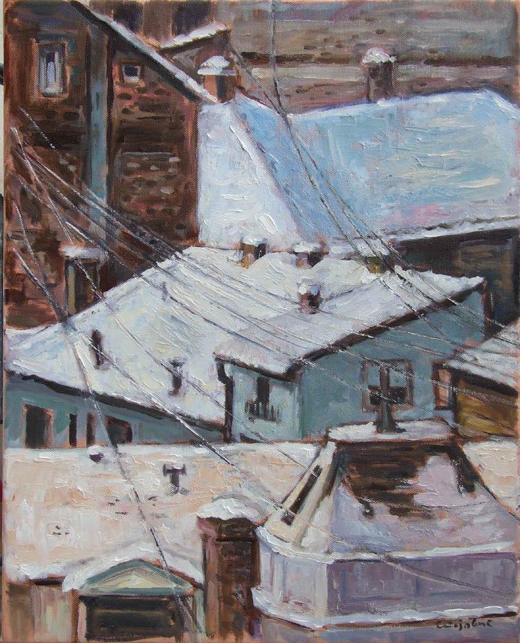 Roofs of Savamala under snow, Painting Stojović Zoran