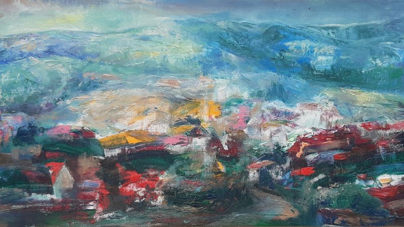 Above the village, near the niht, Painting Dimitrijević Jadranka