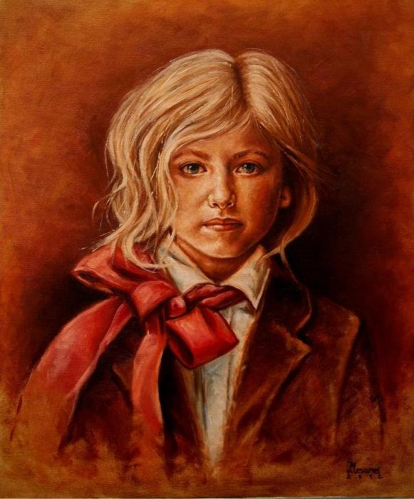 Girl with red bow, Painting Mesaroš Joži
