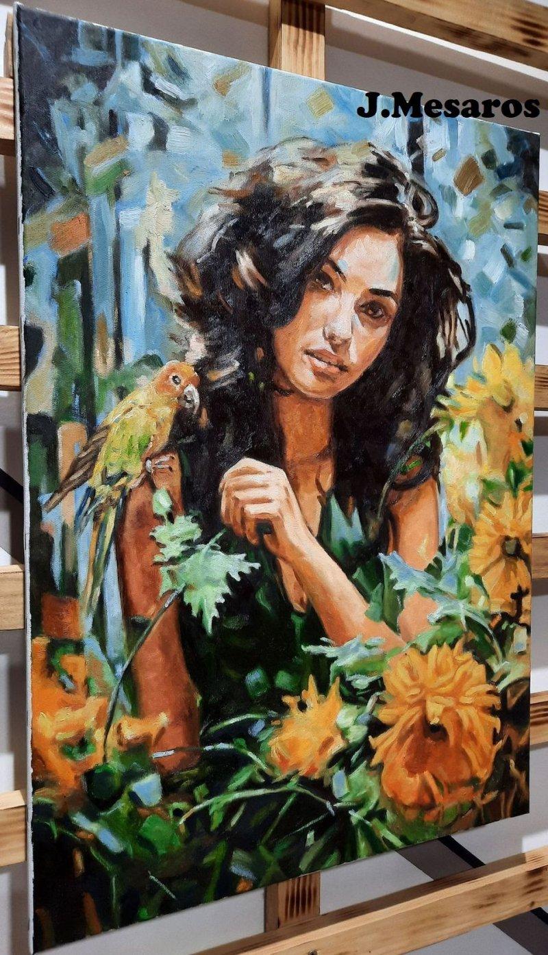 Girl with a parrot, Painting Mesaroš Joži