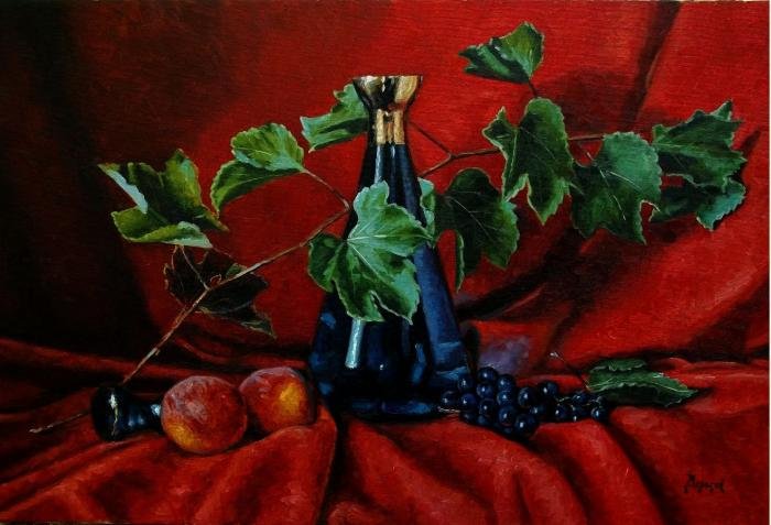Blue carafe and fruit