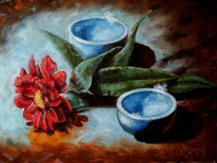 Bowls and flower, Painting Mesaroš Joži