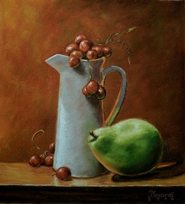 Green pear and grapes, Painting Mesaroš Joži
