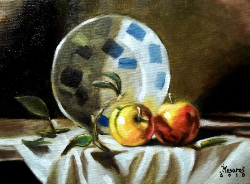 Apple and plate, Painting Mesaroš Joži