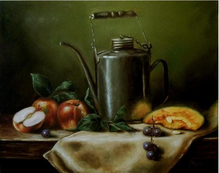 Metal Kettle with apples ..., Painting Mesaroš Joži