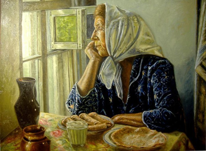 Old woman at the table, Painting Mesaroš Joži